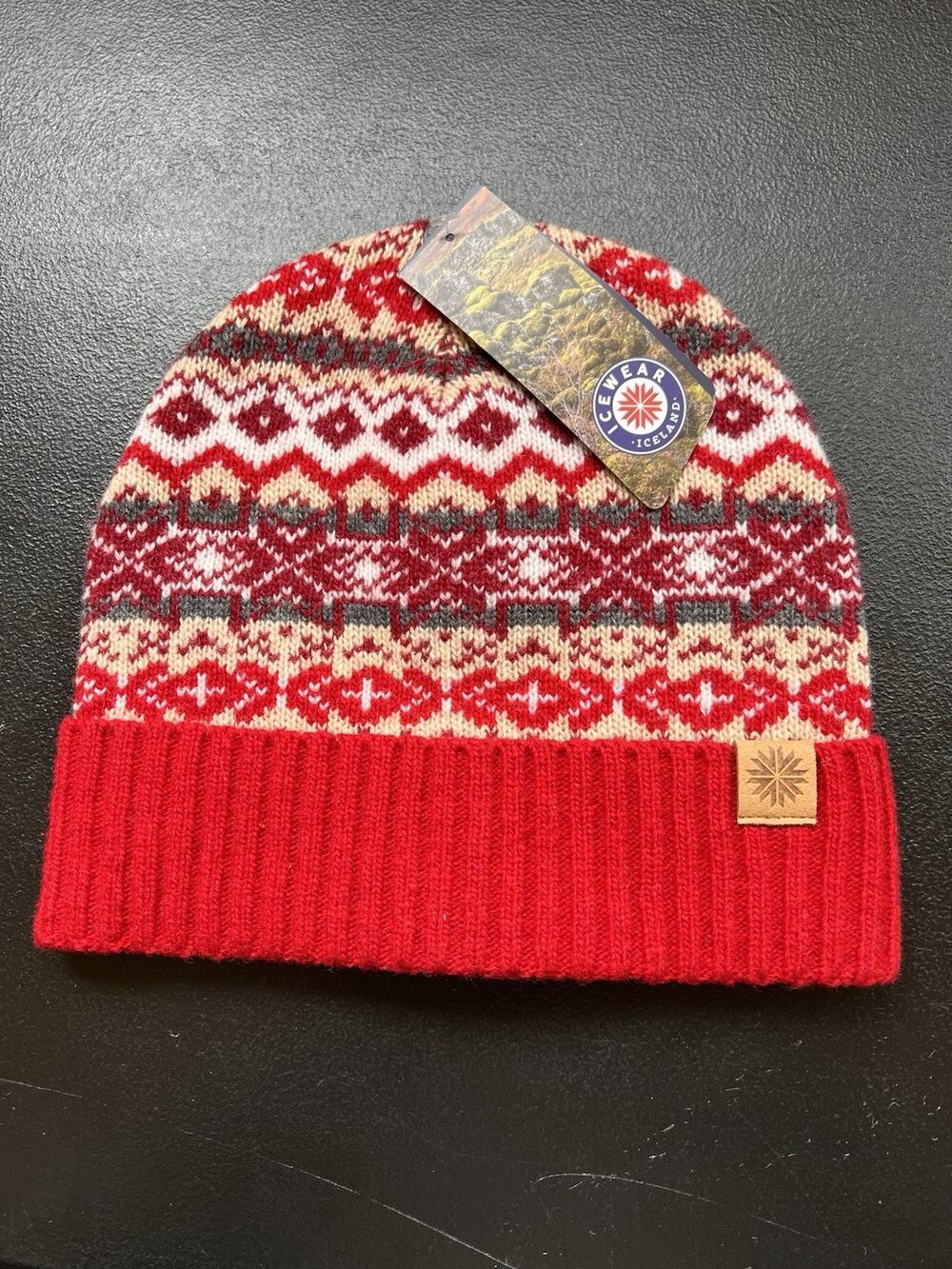 Icewear Beanie Hat Womens Red Wool Blend Fair Isle Nordic Iceland Cuffed Knit